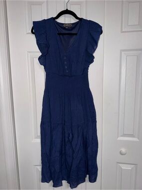 Navy Ruffle Sleeve V-Neck Midi Dress
